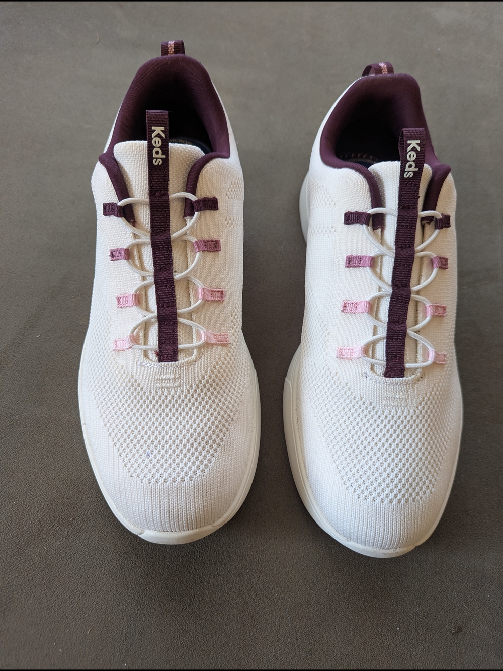 Keds Women's White Knit Sneakers 10W, with Plum and Light Pink Accents